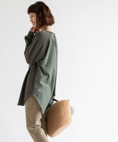 Munich(ミューニック)の「ストレッチワッフル×ブロード キーネックプルオーバー(Tシャツ/カットソー・レディース・ホワイト/ブラック/ベージュ/カーキ・FREE)」の4枚目の写真