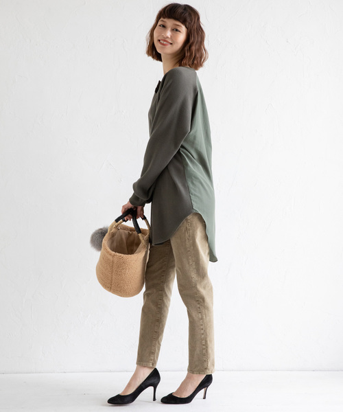 Munich(ミューニック)の「ストレッチワッフル×ブロード キーネックプルオーバー(Tシャツ/カットソー・レディース・ホワイト/ブラック/ベージュ/カーキ・FREE)」の5枚目の写真