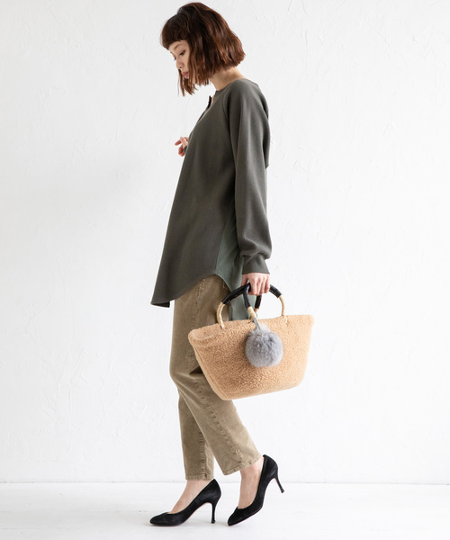 Munich(ミューニック)の「ストレッチワッフル×ブロード キーネックプルオーバー(Tシャツ/カットソー・レディース・ホワイト/ブラック/ベージュ/カーキ・FREE)」の6枚目の写真