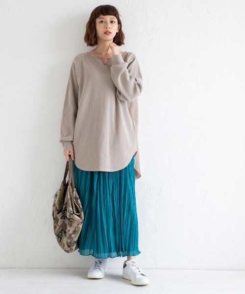 Munich(ミューニック)の「ストレッチワッフル×ブロード キーネックプルオーバー(Tシャツ/カットソー・レディース・ホワイト/ブラック/ベージュ/カーキ・FREE)」の9枚目の写真