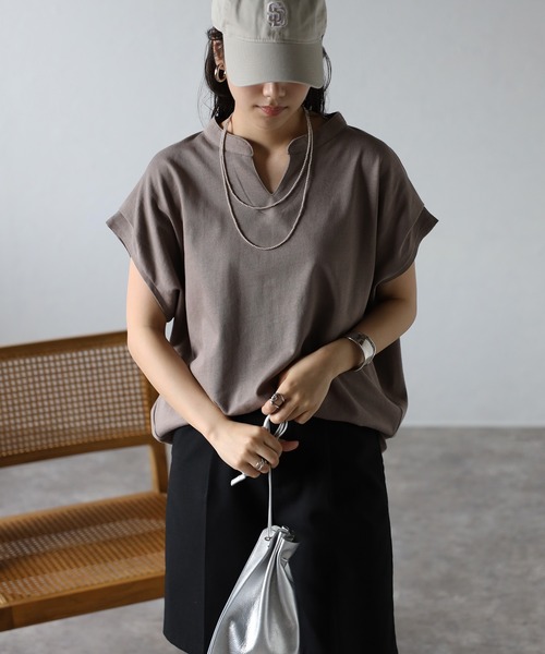 Bonjour Sagan（ボンジュールサガン）の「フレンチスリーブキーネックトップス（Tシャツ/カットソー・レディース・チャコールグレー/ブラック/アイボリー/モカ・FREE）」の4枚目の写真