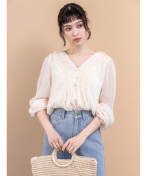 Vネックドットシフォンブラウス