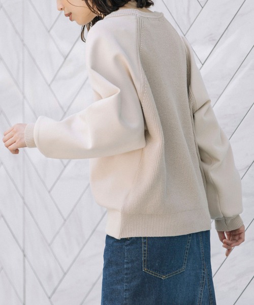 Munich（ミューニック）の「ソフトコットンダブルニットジャージー×ニットドッキング　プルオーバー(セットアップ可)（スウェット・レディース・ブラック/ブルーグレー/ライトベージュ・FREE）」の9枚目の写真