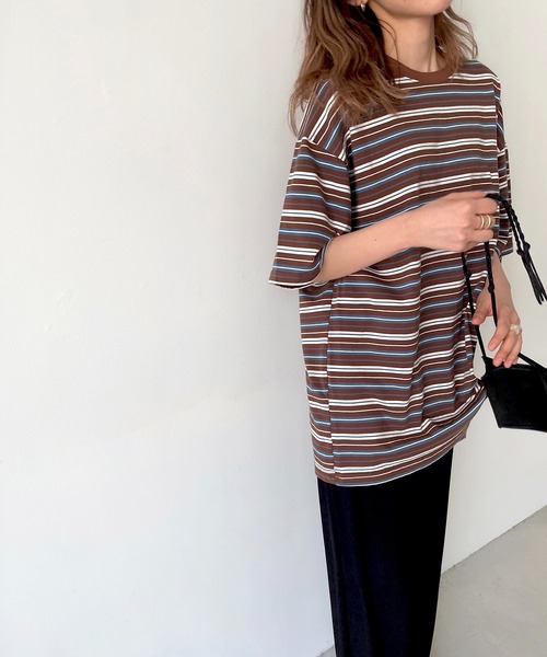 CANAL JEAN(キャナルジーン)の「via j(ヴィアジェイ) ボーダーBIG半袖Tシャツ(Tシャツ/カットソー・レディース・ブラウン/グリーン・ONE SIZE)」の2枚目の写真