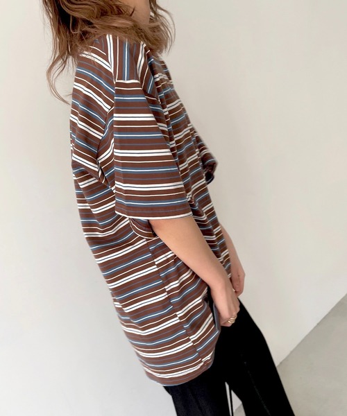 CANAL JEAN(キャナルジーン)の「via j(ヴィアジェイ) ボーダーBIG半袖Tシャツ(Tシャツ/カットソー・レディース・ブラウン/グリーン・ONE SIZE)」の10枚目の写真