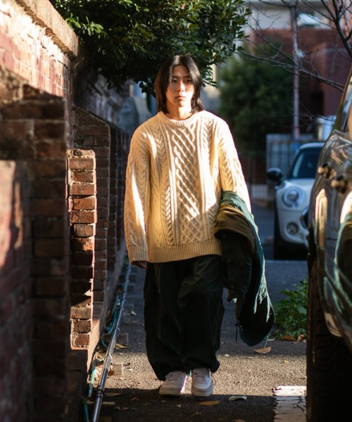 BROKEN BASE（ブロークンベース）の「ウールブレンドフィッシャーマンニット（ニット/セーター・メンズ・オレンジ/グリーン/アイボリー・MEDIUM/LARGE）」の11枚目の写真