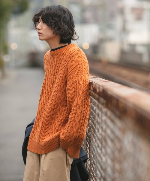 BROKEN BASE（ブロークンベース）の「ウールブレンドフィッシャーマンニット（ニット/セーター・メンズ・オレンジ/グリーン/アイボリー・MEDIUM/LARGE）」の19枚目の写真