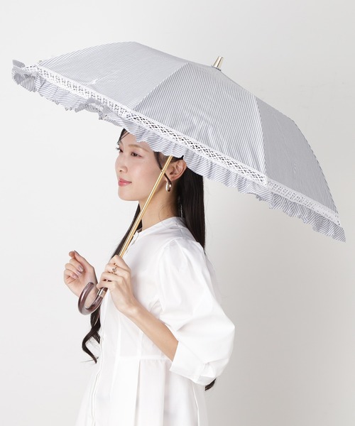 遮光 晴雨兼用折りたたみ日傘 ”ストライプフリル”（折りたたみ傘