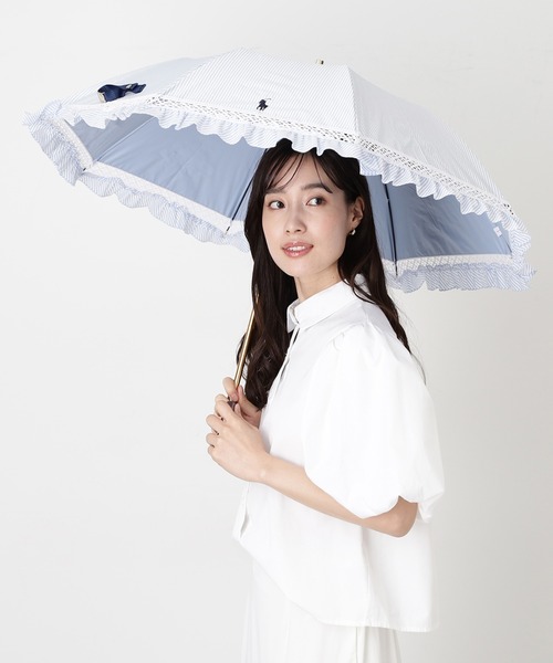 遮光 晴雨兼用折りたたみ日傘 ”ストライプフリル”（折りたたみ傘