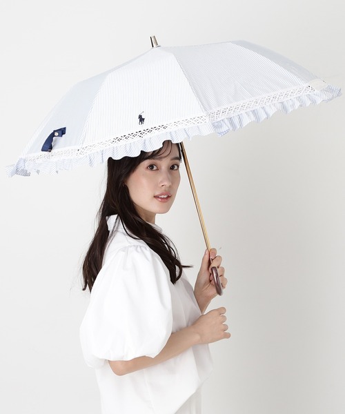 ☆新品☆Polo Ralph Lauren 折りたたみ傘 ストライプ　フリル 遮光 晴雨兼用折りたたみ日傘 ”ストライプフリル”（折りたたみ傘