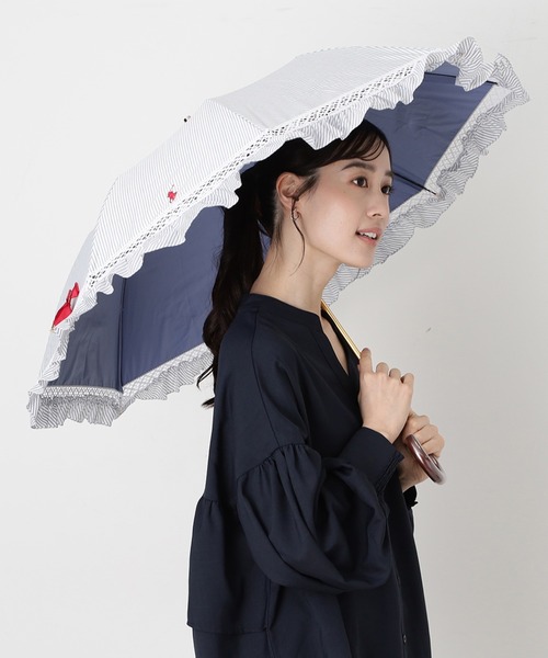遮光 晴雨兼用折りたたみ日傘 ”ストライプフリル”（折りたたみ傘