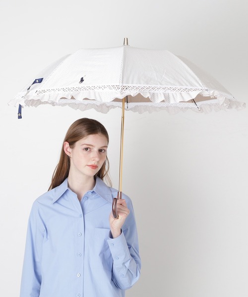 遮光 晴雨兼用折りたたみ日傘 ”ストライプフリル”（折りたたみ傘