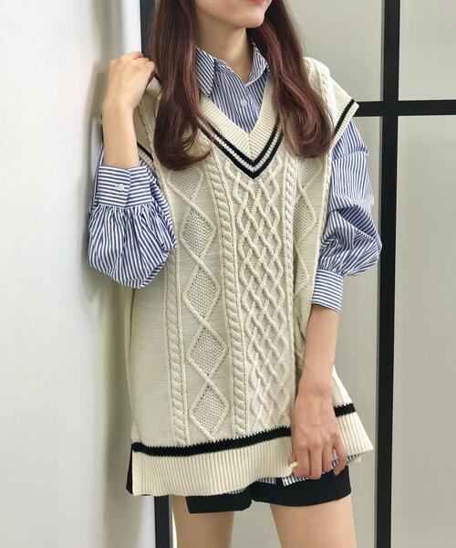 INGNI（イング）の「チルデンVネックニットベストSET（ニット/セーター・レディース・アイボリー系3/ブラック系その他2/サックスブルー/アイボリー系・M）」の3枚目の写真