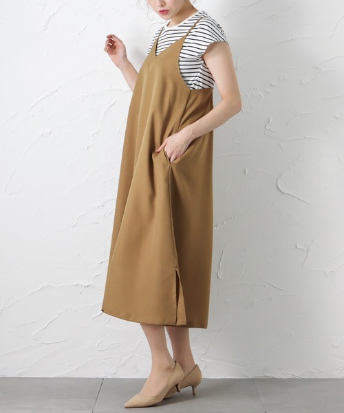 NAVY（ネイビー）の「半袖Tシャツ+デシンキャミワンピース セット アンサンブル（サロペット/オーバーオール・レディース・ブラウン/グレー/カーキ/ブルー・M/L）」の7枚目の写真