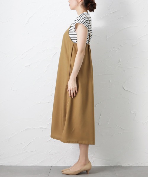 NAVY（ネイビー）の「半袖Tシャツ+デシンキャミワンピース セット アンサンブル（サロペット/オーバーオール・レディース・ブラウン/グレー/カーキ/ブルー・M/L）」の9枚目の写真