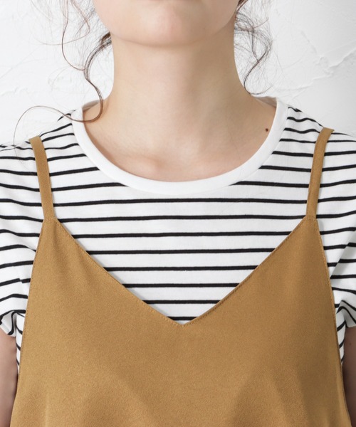 NAVY（ネイビー）の「半袖Tシャツ+デシンキャミワンピース セット アンサンブル（サロペット/オーバーオール・レディース・ブラウン/グレー/カーキ/ブルー・M/L）」の12枚目の写真