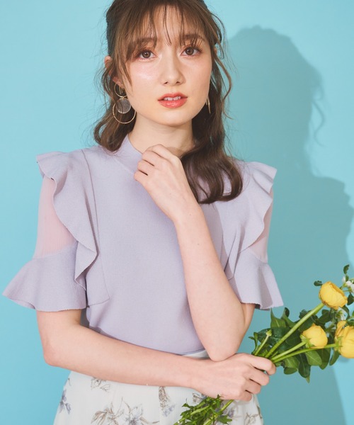 NOELA（ノエラ）の「シアーショルダーフリルニット（ニット/セーター・レディース・ラベンダー/ブラック/ベージュ・フリー）」の3枚目の写真