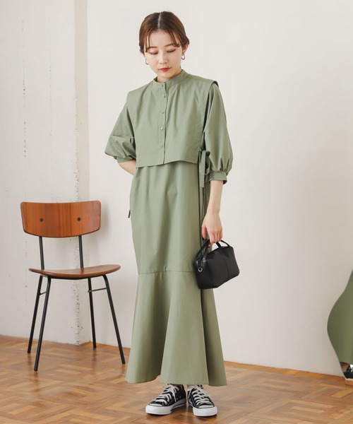 SENSE OF PLACE by URBAN RESEARCH(センスオブプレイスバイアーバンリサーチ)の「【One-C/低身長向けサイズ展開あり】レイヤードマーメイドワンピース(5分袖)(ワンピース・レディース・スミクロ/カーキ/オフホワイト・ONE/SHORT)」の16枚目の写真