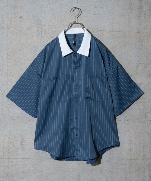 JOHN'S CLOSET（ジョンズクローゼット）の「【i】ポリツイルルーズフィットワークシャツ/ビッグシャツ 半袖（シャツ/ブラウス・メンズ・ホワイト/チャコールグレー/ブラック/ネイビー/グレー/サックスブルー/グリーン/ホワイト系その他/ブラック系その他/グレー系その他/ベージュ系その他/グリーン系その他/グレイッシュベージュ/ホワイト系その他2/ホワイト系その他3/ブラック系その他2/ブラック系その他3/グレー系その他2/グリーン系その他2/グリーン系その他3/ネイビー系/サックスブルー系1・MEDIUM/LARGE/X-LARGE）」の21枚目の写真