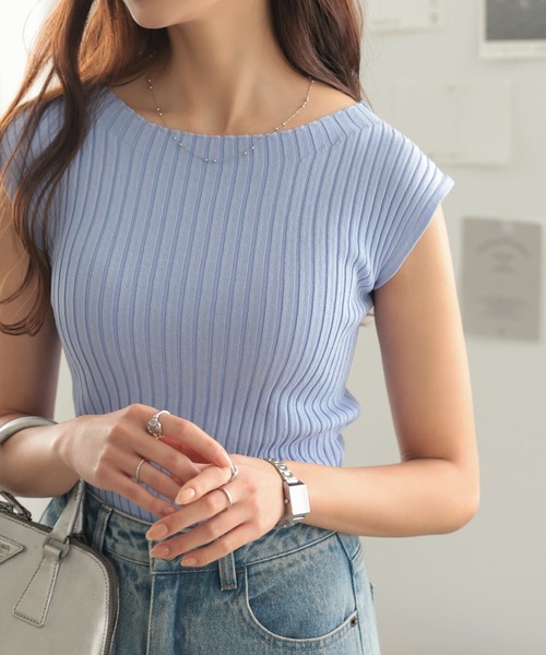 KOBE LETTUCE（コウベレタス）の「フレンチスリーブリブニットトップス（ニット/セーター・レディース・ネイビー/オフホワイト/ブラック/レッド系/チョコ/グレイッシュベージュ/ベージュ系/ブラック系/ブルー系1/イエロー系/ホワイト系/ブルー系/イエロー/ベージュ系その他・L/M/L1/M1）」の11枚目の写真