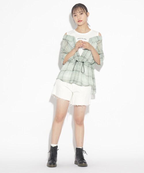 PINK-latte（ピンクラテ）の「◆レイヤード風透けシャツトップス（シャツ/ブラウス・キッズ・ピンク系その他/ホワイト系4/ライトグリーン系1・15 /14/16）」の7枚目の写真