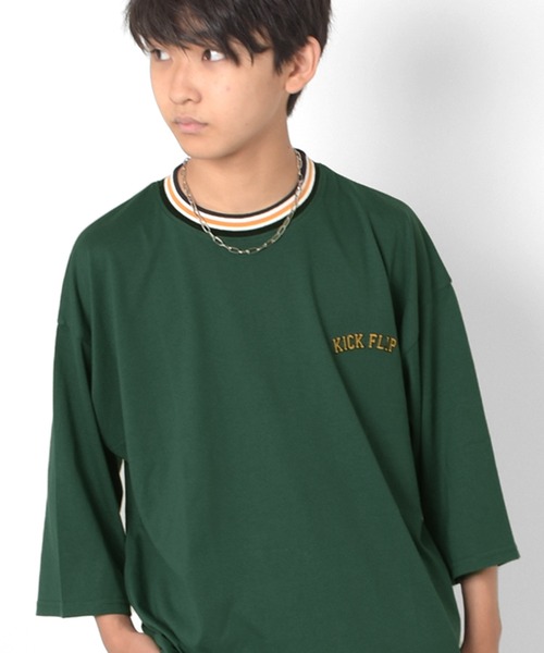 GLAZOS（グラソス）の「天竺・ビッグシルエットラインリブ7分袖Tシャツ（Tシャツ/カットソー・キッズ・ホワイト/ブラック/グリーン・130cm/140cm/150cm/160cm/170cm）」の3枚目の写真