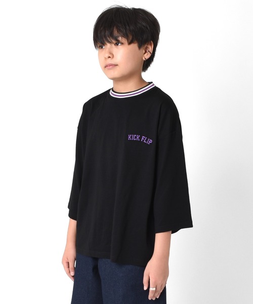 GLAZOS（グラソス）の「天竺・ビッグシルエットラインリブ7分袖Tシャツ（Tシャツ/カットソー・キッズ・ホワイト/ブラック/グリーン・130cm/140cm/150cm/160cm/170cm）」の5枚目の写真