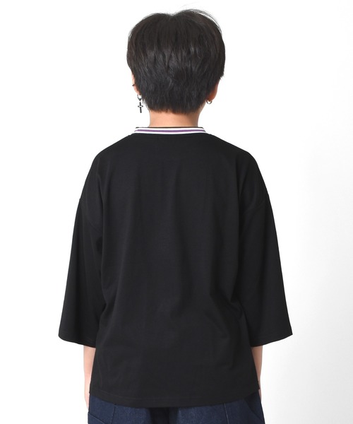 GLAZOS（グラソス）の「天竺・ビッグシルエットラインリブ7分袖Tシャツ（Tシャツ/カットソー・キッズ・ホワイト/ブラック/グリーン・130cm/140cm/150cm/160cm/170cm）」の14枚目の写真