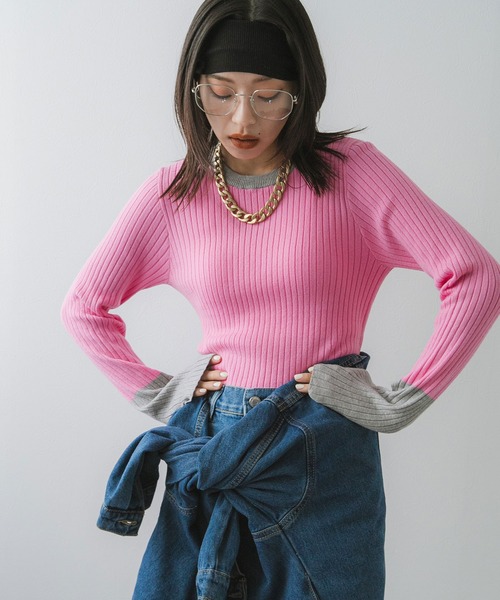 bohmal(ボマール)の「フレア袖配色プルオーバーリブニット(ニット/セーター・レディース・グレー/ピンク/ライム/ブルー/ネイビー/ブラック/ロイヤルブルー/チェリーピンク/スカイブルー/オレンジ/チャコールグレー/コバルトブルー/イエロー/パープル/ライトピンク・FREE)」の13枚目の写真