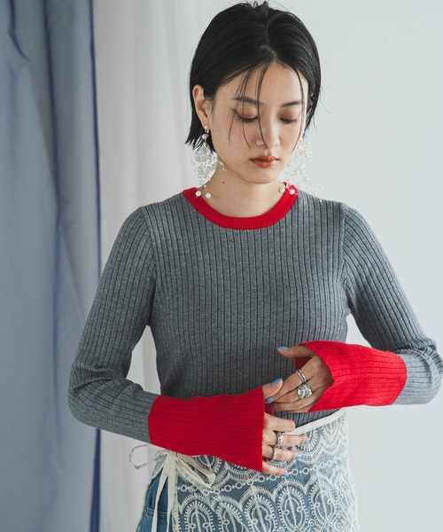 bohmal(ボマール)の「フレア袖配色プルオーバーリブニット(ニット/セーター・レディース・グレー/ピンク/ライム/ブルー/ネイビー/ブラック/ロイヤルブルー/チェリーピンク/スカイブルー/オレンジ/チャコールグレー/コバルトブルー/イエロー/パープル/ライトピンク・FREE)」の1枚目の写真