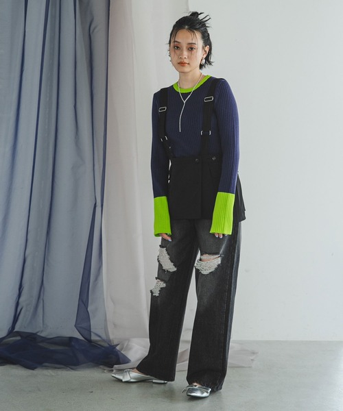 bohmal(ボマール)の「フレア袖配色プルオーバーリブニット(ニット/セーター・レディース・グレー/ピンク/ライム/ブルー/ネイビー/ブラック/ロイヤルブルー/チェリーピンク/スカイブルー/オレンジ/チャコールグレー/コバルトブルー/イエロー/パープル/ライトピンク・FREE)」の16枚目の写真