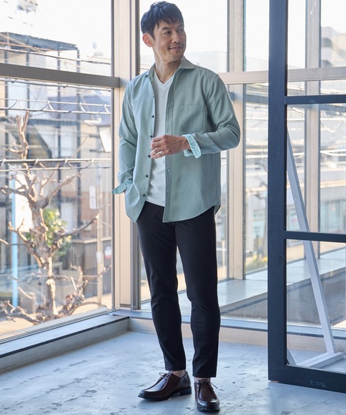 UNION STATION（ユニオンステーション）の「スラブポプリンカッタウェイカラーシャツ（シャツ/ブラウス・メンズ・ベージュ/パープル/グリーン/グレー・M/L/LL）」の5枚目の写真