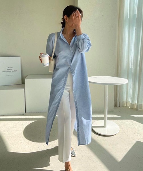 NANING9(ナンニング)の「NANING9 ストライプロングシャツワンピース(シャツワンピース・レディース・スカイブルー/ピンク・FREE)」の2枚目の写真