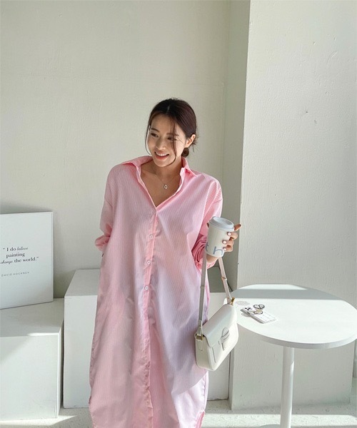 NANING9(ナンニング)の「NANING9 ストライプロングシャツワンピース(シャツワンピース・レディース・スカイブルー/ピンク・FREE)」の8枚目の写真