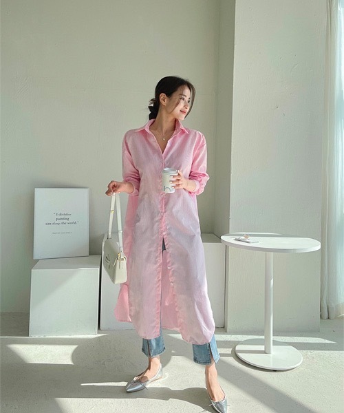 NANING9(ナンニング)の「NANING9 ストライプロングシャツワンピース(シャツワンピース・レディース・スカイブルー/ピンク・FREE)」の3枚目の写真