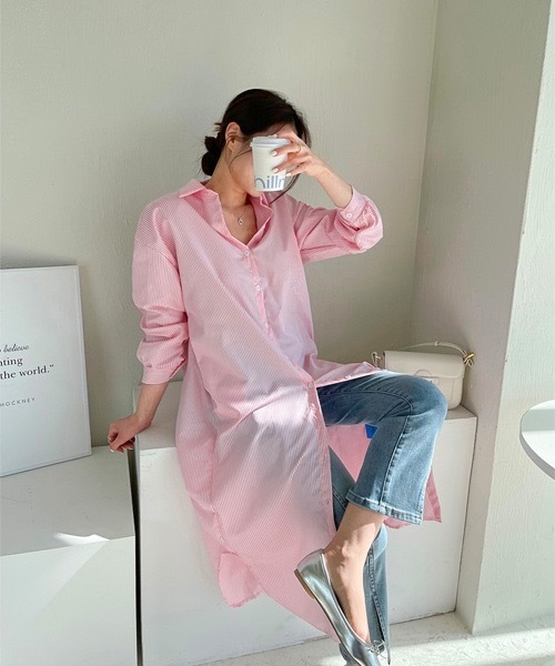 NANING9(ナンニング)の「NANING9 ストライプロングシャツワンピース(シャツワンピース・レディース・スカイブルー/ピンク・FREE)」の7枚目の写真