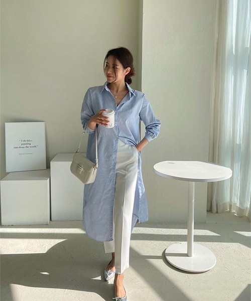 NANING9(ナンニング)の「NANING9 ストライプロングシャツワンピース(シャツワンピース・レディース・スカイブルー/ピンク・FREE)」の4枚目の写真