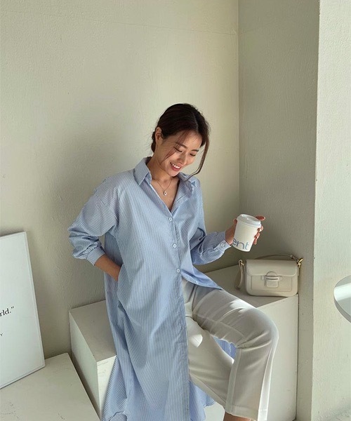 NANING9(ナンニング)の「NANING9 ストライプロングシャツワンピース(シャツワンピース・レディース・スカイブルー/ピンク・FREE)」の14枚目の写真