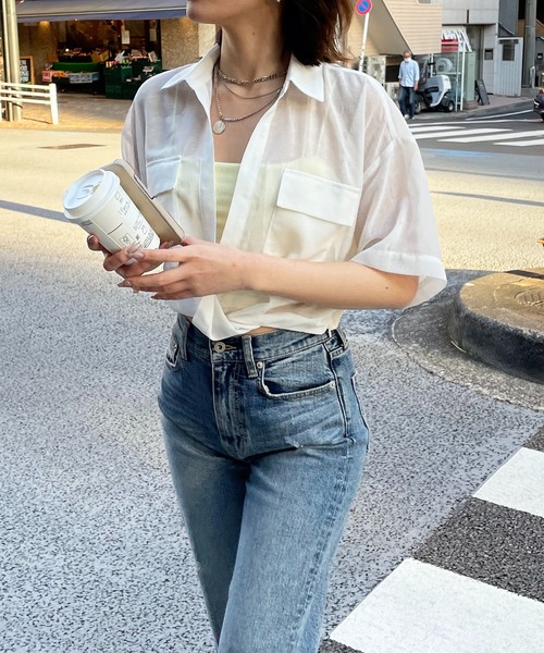 SPIRALGIRL（スパイラルガール）の「ワッシャーシアークロップドシャツ（シャツ/ブラウス・レディース・ブラック/ホワイト/ピンク・FREE）」の5枚目の写真