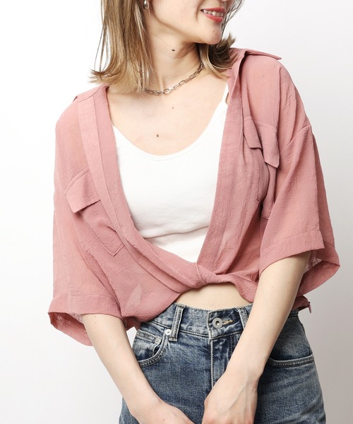 SPIRALGIRL（スパイラルガール）の「ワッシャーシアークロップドシャツ（シャツ/ブラウス・レディース・ブラック/ホワイト/ピンク・FREE）」の10枚目の写真