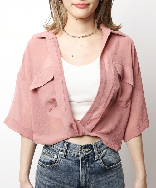 SPIRALGIRL（スパイラルガール）の「ワッシャーシアークロップドシャツ（シャツ/ブラウス・レディース・ブラック/ホワイト/ピンク・FREE）」の11枚目の写真