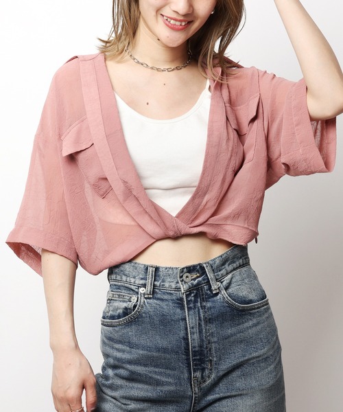 SPIRALGIRL（スパイラルガール）の「ワッシャーシアークロップドシャツ（シャツ/ブラウス・レディース・ブラック/ホワイト/ピンク・FREE）」の19枚目の写真