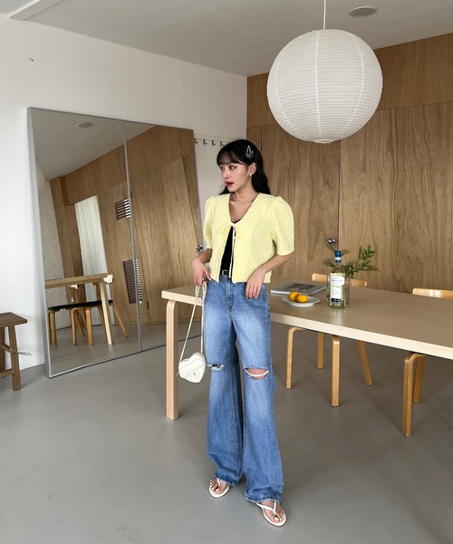 by muni:r(バイ ムニール)の「ダメージカットワイドデニム(デニムパンツ・レディース・ブルー・SMALL/MEDIUM)」の2枚目の写真