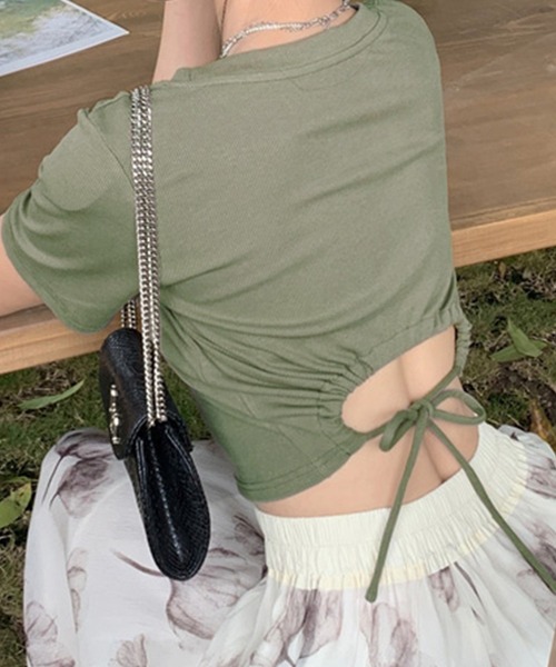 DAY CLOSET（デイ クローゼット）の「レディース 半袖クロップド丈バックリボントップス（Tシャツ/カットソー・レディース・カーキ/ブラック・L/M/S）」の11枚目の写真