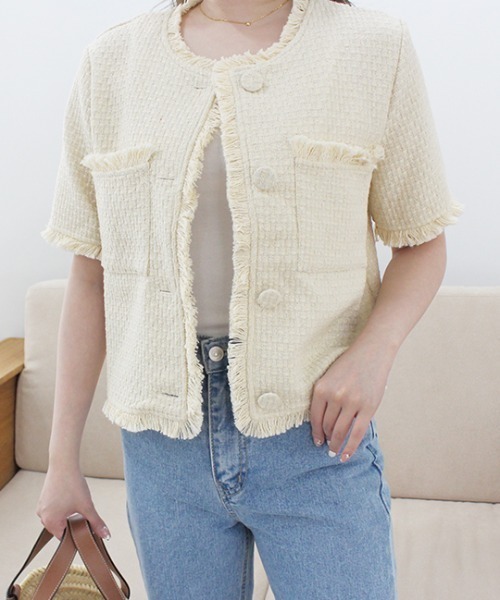 MODE ROBE（モードローブ）の「フリンジライン半袖ツイードジャケット（ノーカラージャケット・レディース・アイボリー/ブラック・FREE）」の2枚目の写真