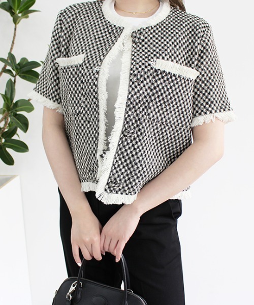 MODE ROBE（モードローブ）の「フリンジライン半袖ツイードジャケット（ノーカラージャケット・レディース・アイボリー/ブラック・FREE）」の3枚目の写真