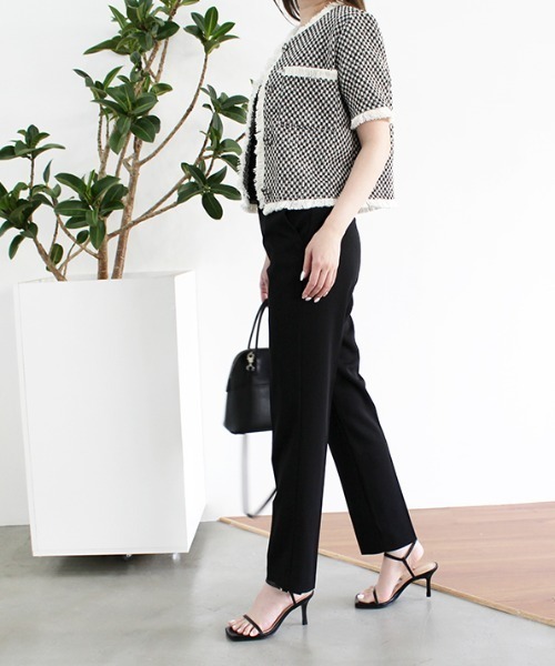 MODE ROBE（モードローブ）の「フリンジライン半袖ツイードジャケット（ノーカラージャケット・レディース・アイボリー/ブラック・FREE）」の7枚目の写真