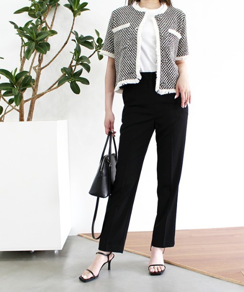 MODE ROBE（モードローブ）の「フリンジライン半袖ツイードジャケット（ノーカラージャケット・レディース・アイボリー/ブラック・FREE）」の9枚目の写真