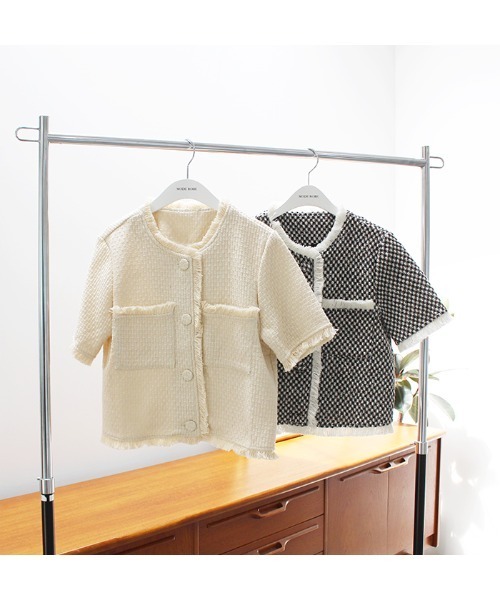 MODE ROBE（モードローブ）の「フリンジライン半袖ツイードジャケット（ノーカラージャケット・レディース・アイボリー/ブラック・FREE）」の10枚目の写真