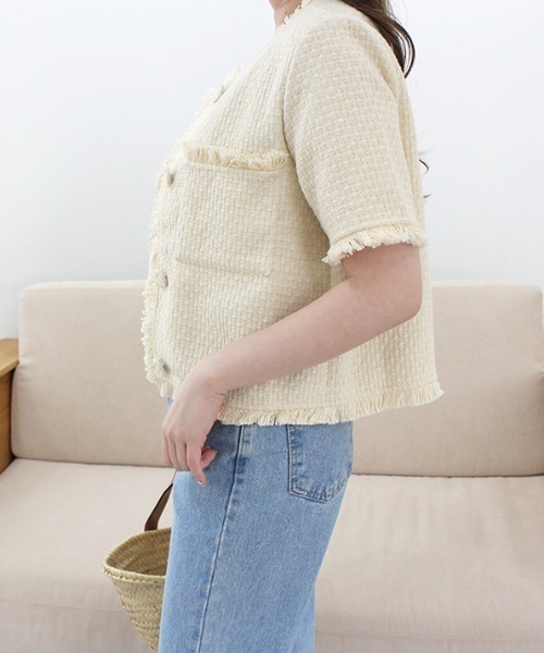 MODE ROBE（モードローブ）の「フリンジライン半袖ツイードジャケット（ノーカラージャケット・レディース・アイボリー/ブラック・FREE）」の11枚目の写真